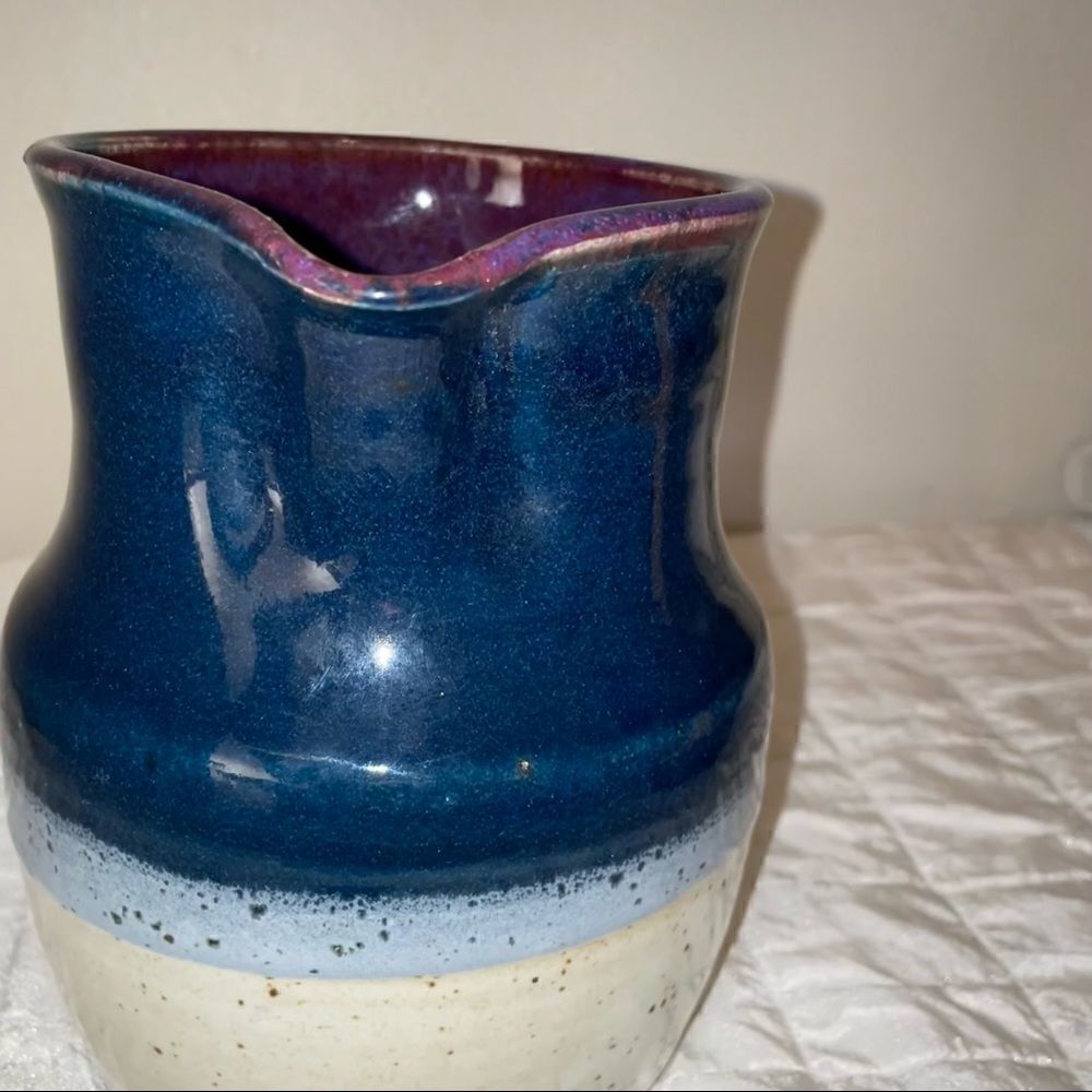 HANDMADE RUSTIC POTTERY pitcher in violets-off white - Picture 7 of 9